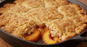 Freshly baked peach cobbler with a golden, crispy topping