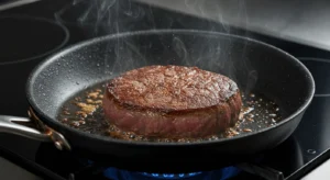 A comforting plate of round steak with thick homemade gravy, paired with buttered egg noodles.