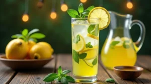 A glass of Refreshing Mint Lemonade (Iftar Beverage) with ice, fresh mint leaves, and lemon slices, perfect for quenching your thirst after fasting.
