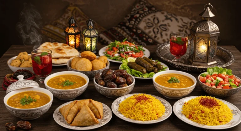 A beautifully arranged Iftar table with traditional Ramadan Meals, including dates, lentil soup, samosas, biryani, and refreshing drinks, set in a cozy Ramadan ambiance