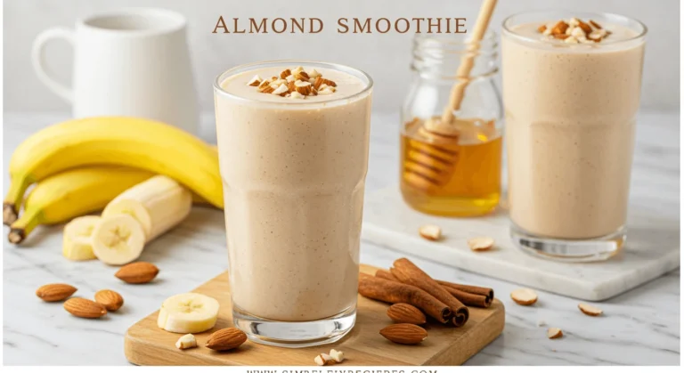 A creamy Almond Smoothie in a tall glass, topped with crushed almonds and a drizzle of honey.