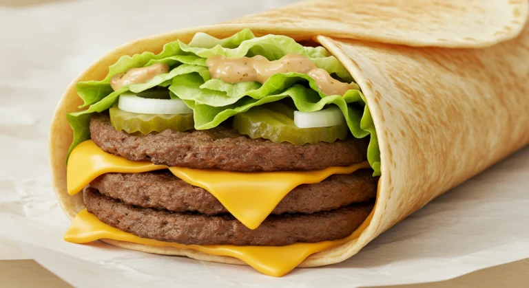 A homemade Big Mac wrap recipe filled with seasoned beef, special sauce, lettuce, pickles, and melted cheese, wrapped in a warm tortilla and served on a plate