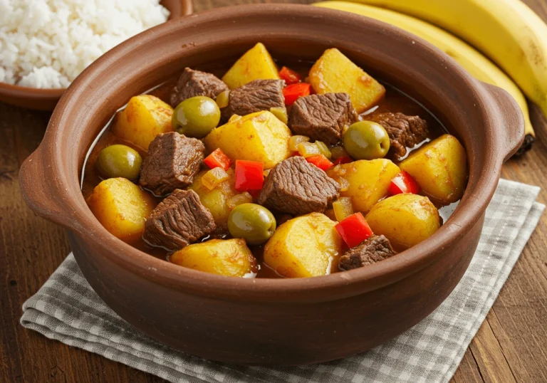 A hearty plate of Carne con Papas with tender beef and perfectly cooked potatoes in a rich tomato-based sauce