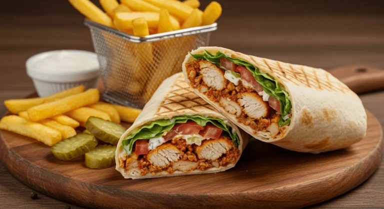 A delicious Chicken Shawarma Wrap filled with juicy, spiced chicken, fresh vegetables, and a creamy garlic sauce, all wrapped in warm pita bread. Served with a side of pickles and fries for the perfect Middle Eastern meal.