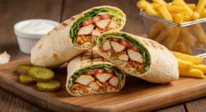 A delicious, golden-brown Chicken Shawarma Wrap, grilled to perfection and filled with bold Middle Eastern flavors, ready to be enjoyed with a side of fries or salad.