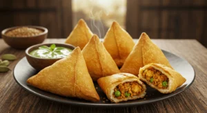 A platter of homemade Chicken Samosas, served with tamarind and mint chutney, ready to be enjoyed at a festive gathering.