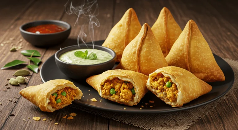 Crispy, golden-brown Chicken Samosas filled with spiced ground chicken, onions, and herbs, served with a side of mint chutney.