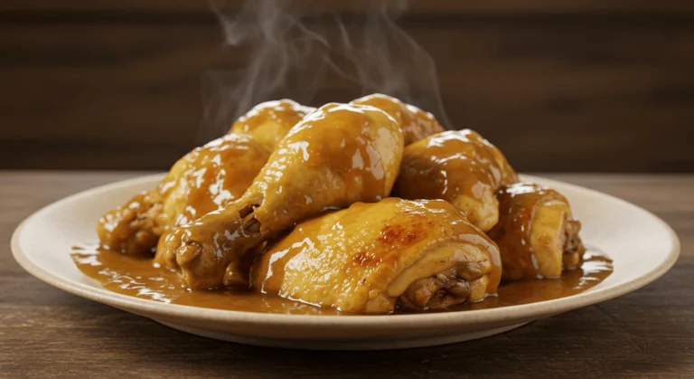 A plate of tender chicken smothered in rich, homemade gravy, served with mashed potatoes and fresh herbs.