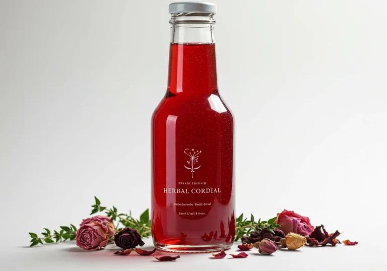 A refreshing homemade herbal cordial served in a glass bottle with fresh herbs.