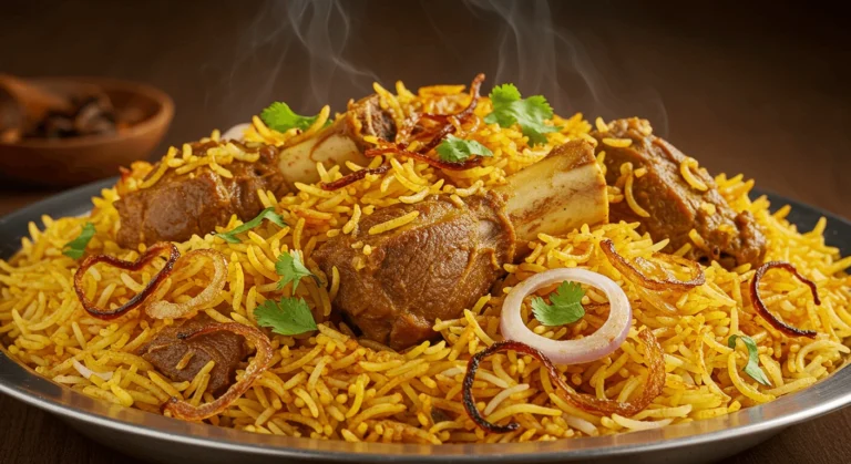 A steaming plate of Lamb Biryani with tender, spiced lamb pieces, fragrant basmati rice, and caramelized onions, garnished with fresh cilantro and saffron strands