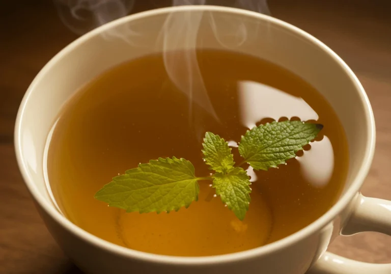 A cup of lemon balm tea with fresh lemon balm leaves, a slice of lemon, and a jar of honey on a rustic wooden table, perfect for weight loss and relaxation.