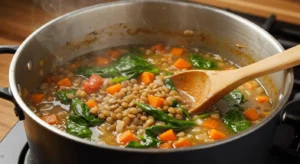 A bowl of Lentil and Spinach Soup with tender lentils, fresh spinach, and warm spices, ready to be served with a side of crusty bread.