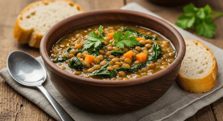 A steaming bowl of Lentil and Spinach Soup, filled with hearty lentils, vibrant spinach, and seasoned with aromatic spices.