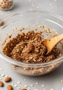A bowl of Nut Energy Balls coated in shredded coconut, placed on a neutral-toned ceramic plate with scattered almonds and oats around it