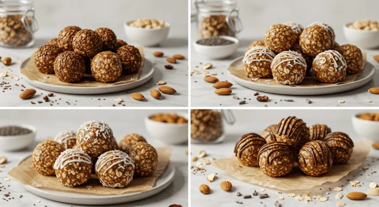 Close-up of homemade Nut Energy Balls on a rustic wooden plate, coated with crushed nuts and cocoa powder. Soft natural lighting enhances the rich textures of oats, nuts, and honey.