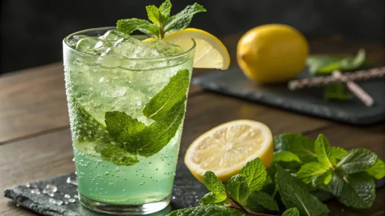 A tall glass of mint lemonade with lemon slices, fresh mint leaves, and ice cubes on a wooden table.