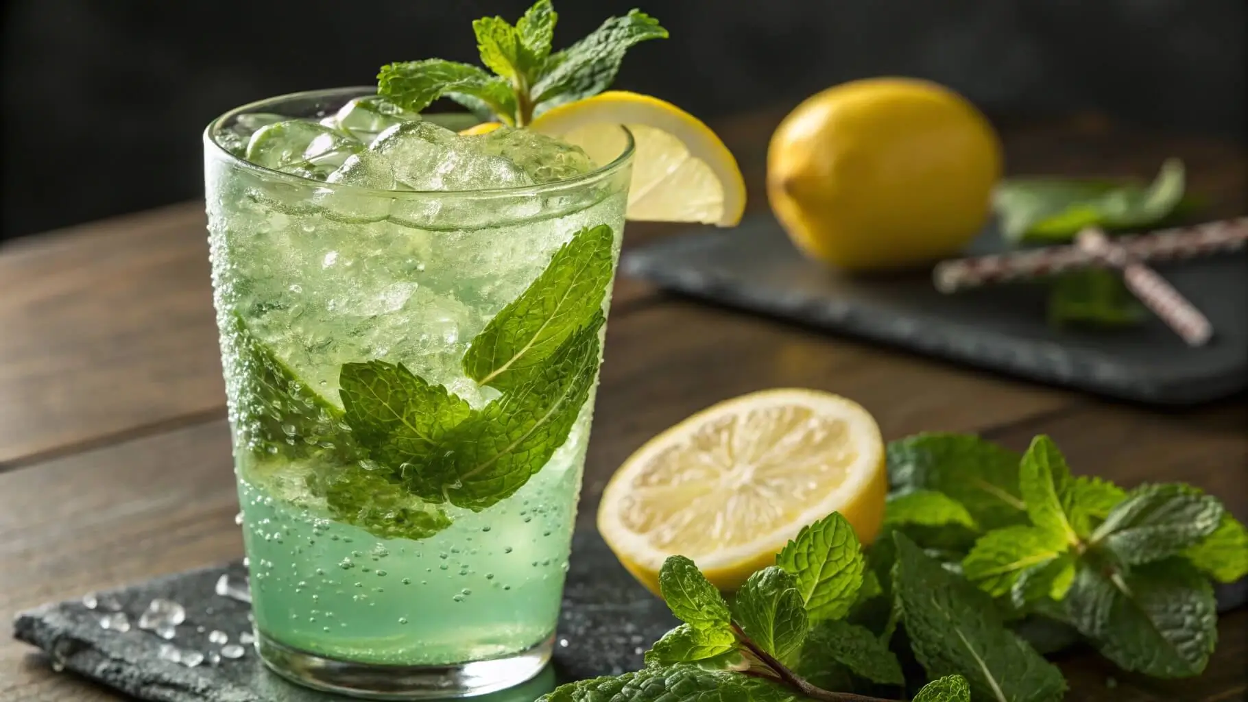 A tall glass of mint lemonade with lemon slices, fresh mint leaves, and ice cubes on a wooden table.