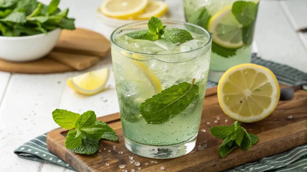 Overhead shot of iced mint lemonade in a clear pitcher with lemon rounds and mint sprigs.