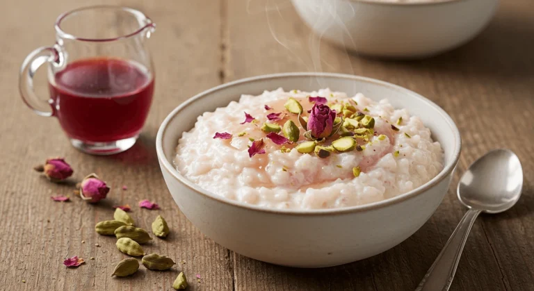 A bowl of creamy rose and cardamom rice pudding garnished with crushed pistachios and dried rose petals, served in a white ceramic dish with a spoon.