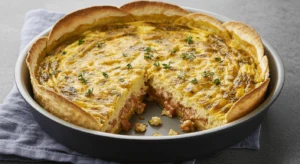 A golden, cheesy Tortilla Quiche Bake fresh out of the oven.
