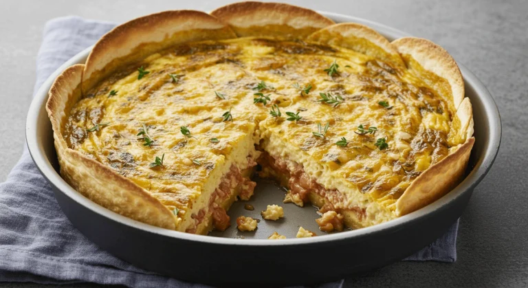 A golden, cheesy Tortilla Quiche Bake fresh out of the oven.