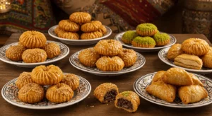 Traditional Moroccan Chebakia pastry with honey and sesame seeds, served on a decorative plate.