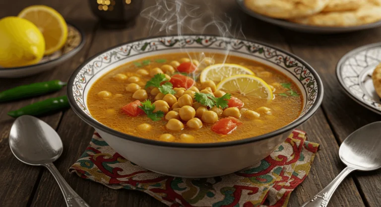 Delicious bowl of traditional Moroccan Harira soup with chickpeas, tomatoes, and fresh herbs