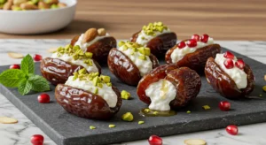 A close-up of stuffed dates with cream cheese, topped with chopped pistachios and drizzled with honey, served on a rustic wooden plate.
