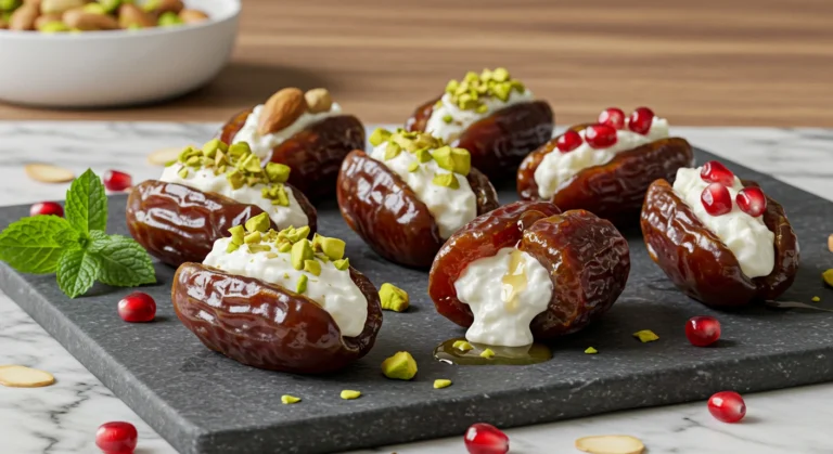 A close-up of stuffed dates with cream cheese, topped with chopped pistachios and drizzled with honey, served on a rustic wooden plate.
