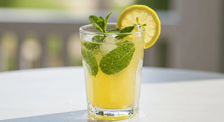 A tall glass of Refreshing Mint Lemonade with fresh mint leaves and lemon slices, served over ice, creating a cool and invigorating summer drink.