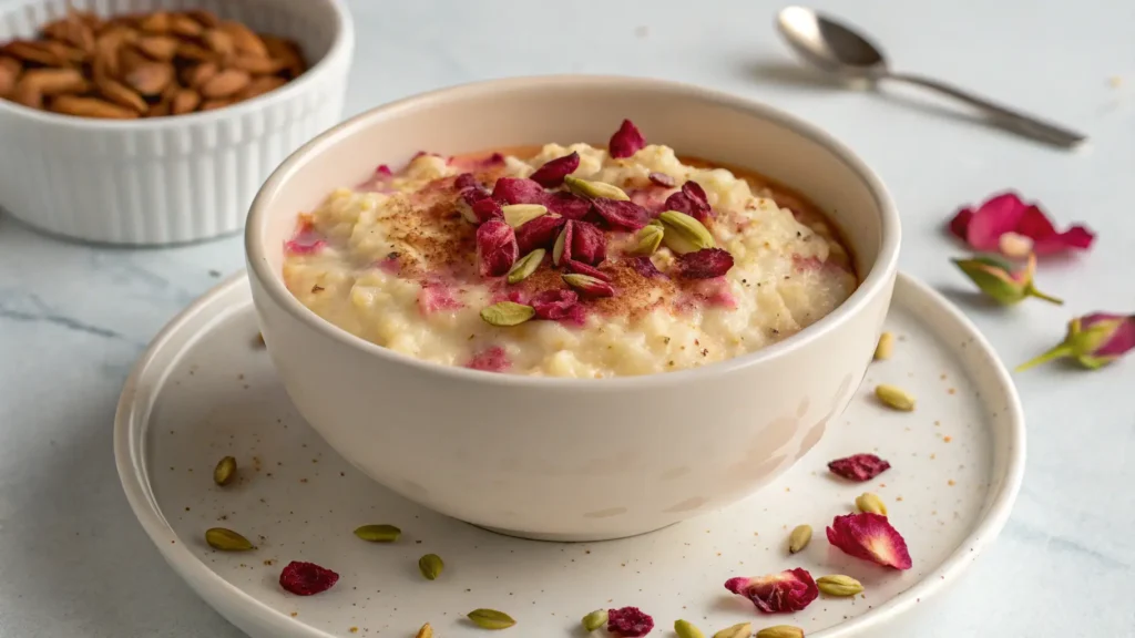 Traditional rose and cardamom rice pudding in a ceramic bowl, topped with pistachios and dried rose petals.